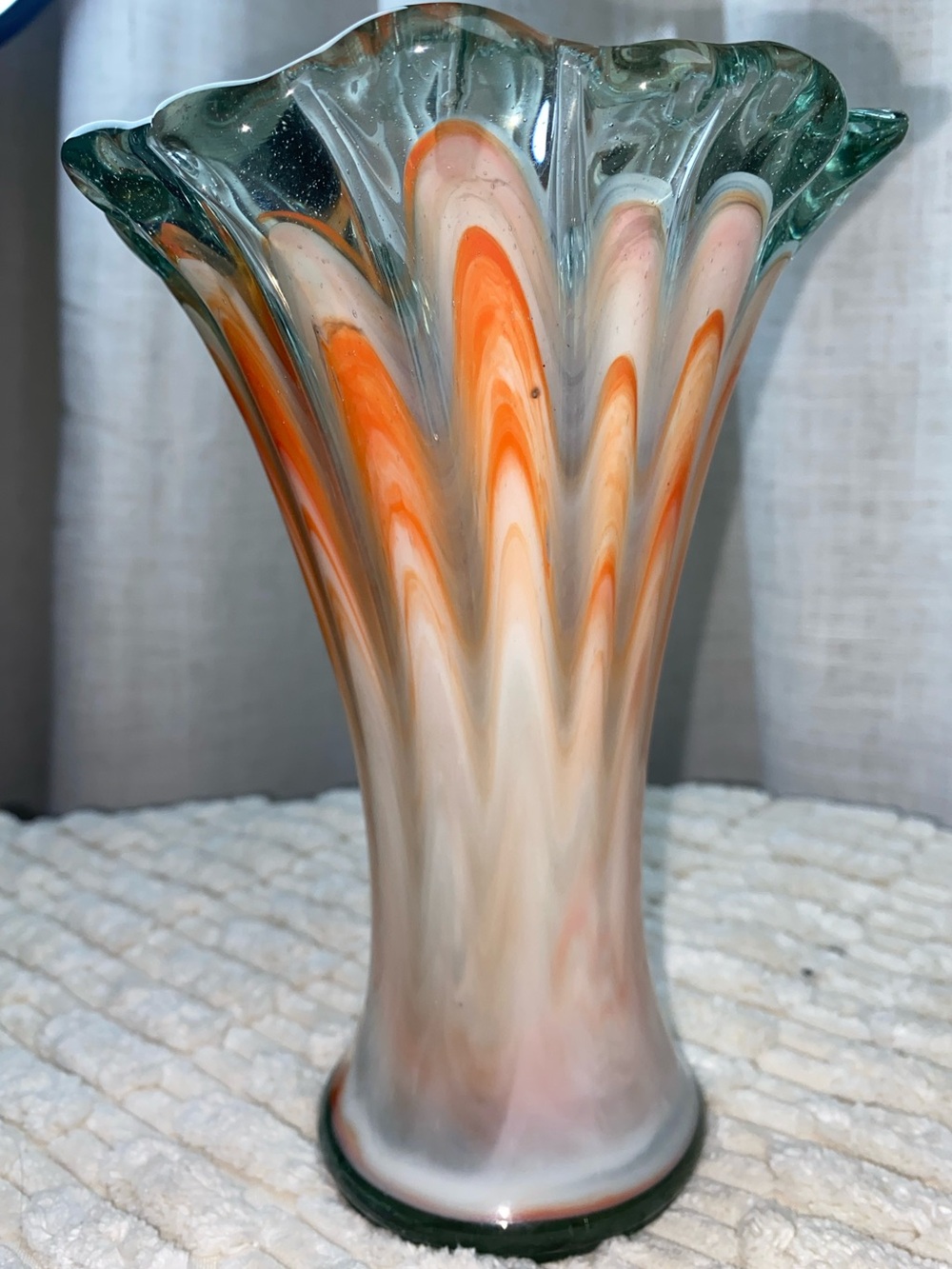 Vintage MCM Murano Style Orange White Swirl Ruffled Art Glass 7” Flared Vase
